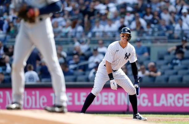 Aaron Judge of the New York Yankees in action against the Tampa Bay Rays at Yankee Stadium on October 02, 2021 in New York City. The Rays defeated...