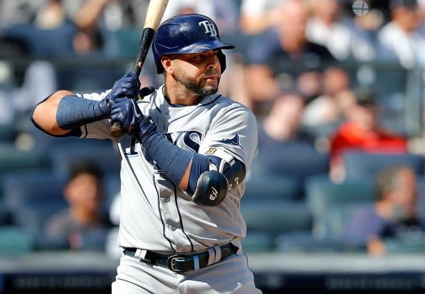 Nelson Cruz of the Tampa Bay Rays in action against the New York Yankees at Yankee Stadium on October 02, 2021 in New York City. The Rays defeated...
