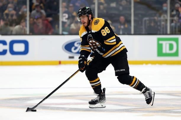 David Pastrnak of the Boston Bruins during a practice shootout following the preseason game against the New York Rangers at TD Garden on October 02,...