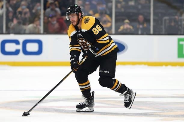 David Pastrnak of the Boston Bruins during a practice shootout following the preseason game against the New York Rangers at TD Garden on October 02,...