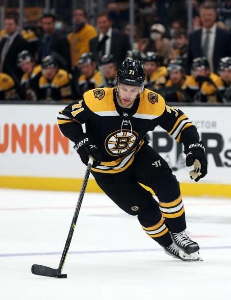 Taylor Hall of the Boston Bruins skates against the New York Rangers during a practice shootout following the preseason game at TD Garden on October...