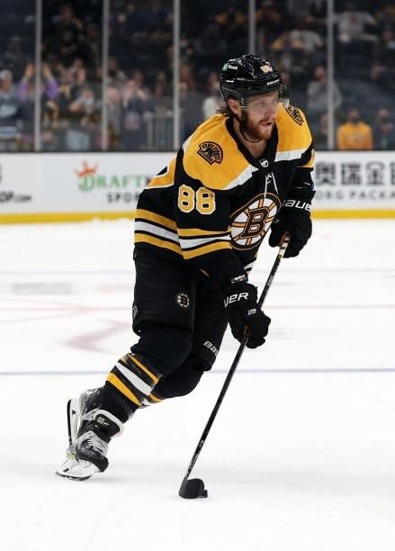David Pastrnak of the Boston Bruins skates against the New York Rangers during a practice shootout following the preseason game at TD Garden on...