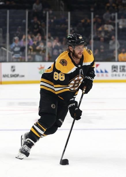 David Pastrnak of the Boston Bruins skates against the New York Rangers during a practice shootout following the preseason game at TD Garden on...