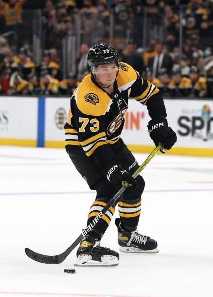 Charlie McAvoy of the Boston Bruins skates against the New York Rangers during a practice shootout following the preseason game at TD Garden on...