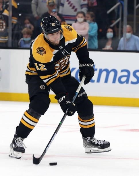 Craig Smith of the Boston Bruins skates against the New York Rangers during a practice shootout following the preseason game at TD Garden on October...