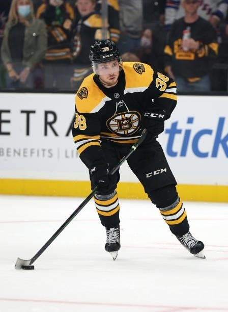 Jesper Froden of the Boston Bruins skates against the New York Rangers during a practice shootout following the preseason game at TD Garden on...