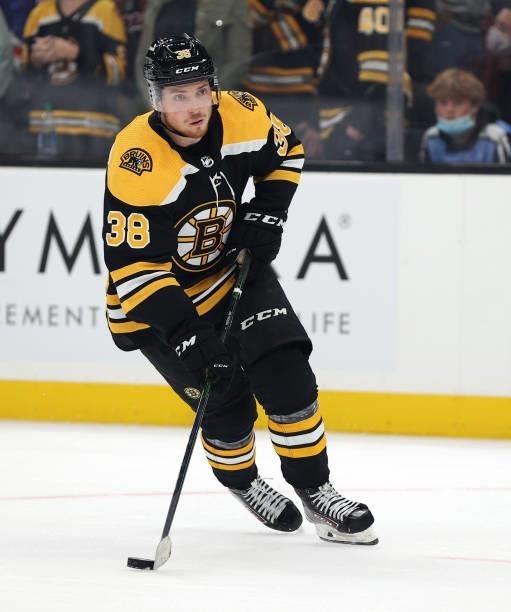 Jesper Froden of the Boston Bruins skates against the New York Rangers during a practice shootout following the preseason game at TD Garden on...