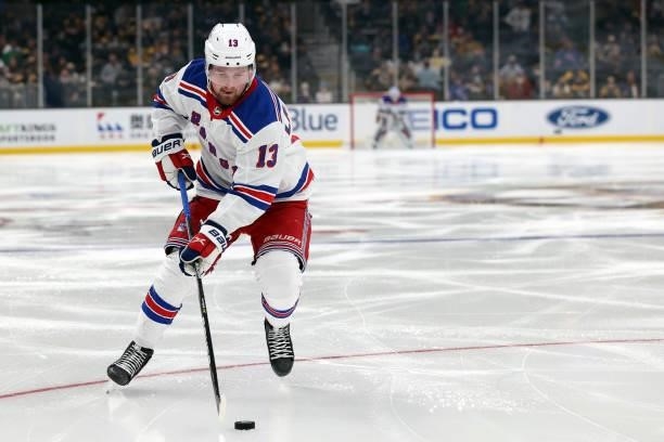 Alexis Lafrenière of the New York Rangers skates against the Boston Bruins during the second period of the preseason game at TD Garden on October 02,...