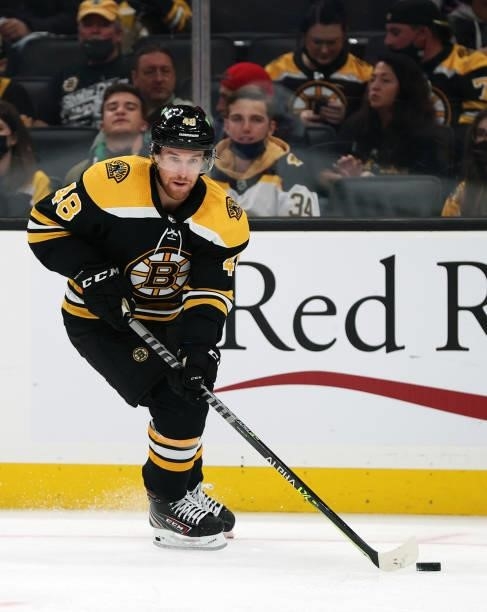 Matt Grzelcyk of the Boston Bruins skates against the New York Rangers during the second period of the preseason game at TD Garden on October 02,...