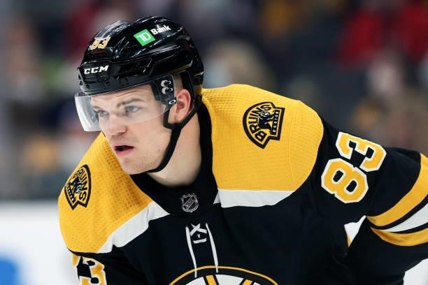 Karson Kuhlman of the Boston Bruins looks on during the third period of the preseason game against the New York Rangers at TD Garden on October 02,...