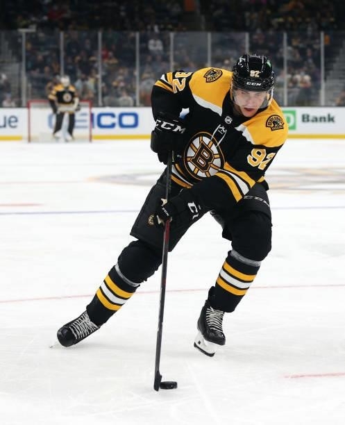 Tomas Nosek of the Boston Bruins skates against the New York Rangers during a practice shootout following the preseason game at TD Garden on October...