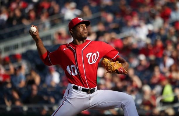 Josiah Gray of the Washington Nationals pitches against the Boston Red Sox in the first inning at Nationals Park on October 02, 2021 in Washington,...