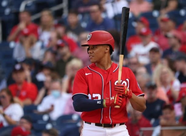 Juan Soto of the Washington Nationals bats against the Boston Red Sox at Nationals Park on October 02, 2021 in Washington, DC.