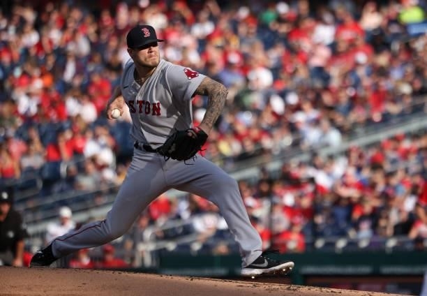 Tanner Houck of the Boston Red Sox pitches against the Washington Nationals in the first inning at Nationals Park on October 02, 2021 in Washington,...