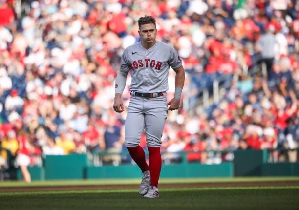 Enrique Hernandez of the Boston Red Sox reacts after a popup out against the Washington Nationals in the third inning at Nationals Park on October...