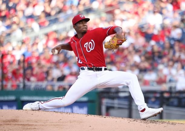 Pitcher Josiah Gray of the Washington Nationals throws against the Boston Red Sox at Nationals Park on October 02, 2021 in Washington, DC.