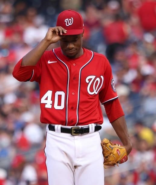 Pitcher Josiah Gray of the Washington Nationals prepares to throw against the Boston Red Sox at Nationals Park on October 02, 2021 in Washington, DC.