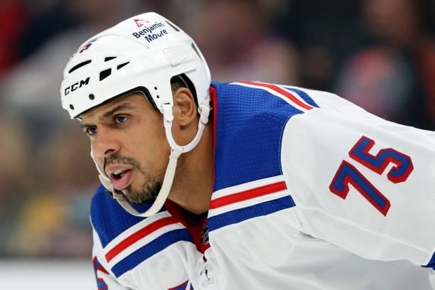 Ryan Reaves of the New York Rangers looks on during the third period of the preseason game against the Boston Bruins at TD Garden on October 02, 2021...