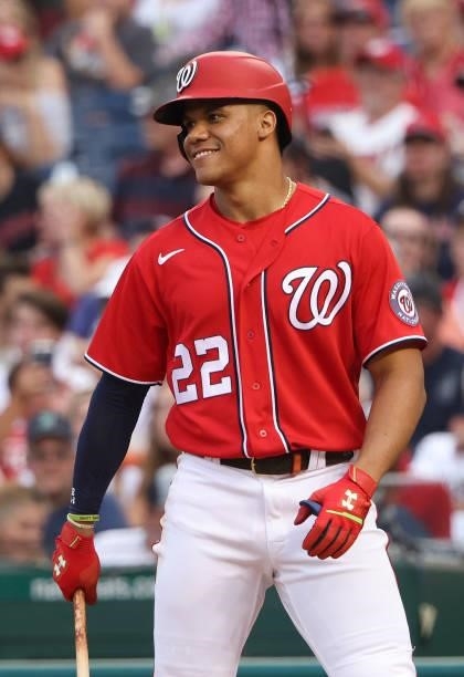 Juan Soto of the Washington Nationals bats against the Boston Red Sox at Nationals Park on October 02, 2021 in Washington, DC.