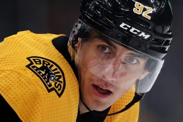 Tomas Nosek of the Boston Bruins looks on during the third period against the New York Rangers preseason game at TD Garden on October 02, 2021 in...
