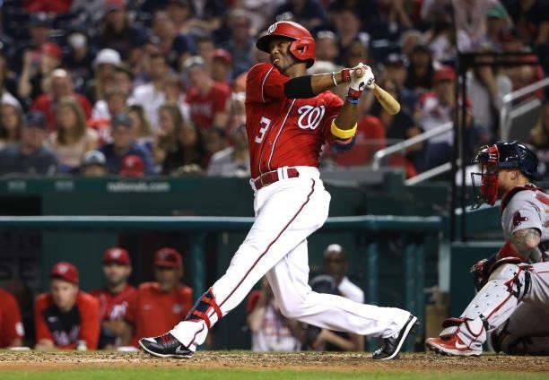 Alcides Escobar of the Washington Nationals hits against the Boston Red Sox at Nationals Park on October 02, 2021 in Washington, DC.