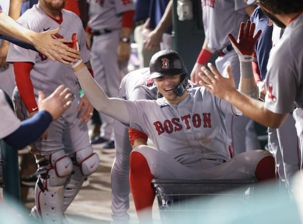 Enrique Hernandez of the Boston Red Sox celebrates after hitting a two-run home run in the ninth inning against the Washington Nationals at Nationals...