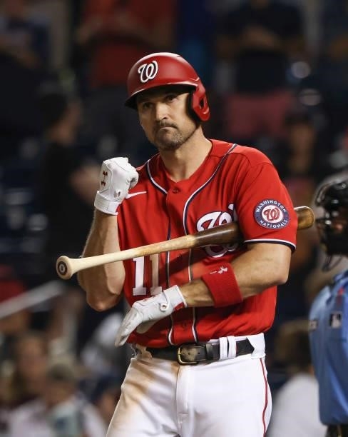 Ryan Zimmerman of the Washington Nationals reacts to a called strike against the Boston Red Sox in the eighth inning at Nationals Park on October 02,...