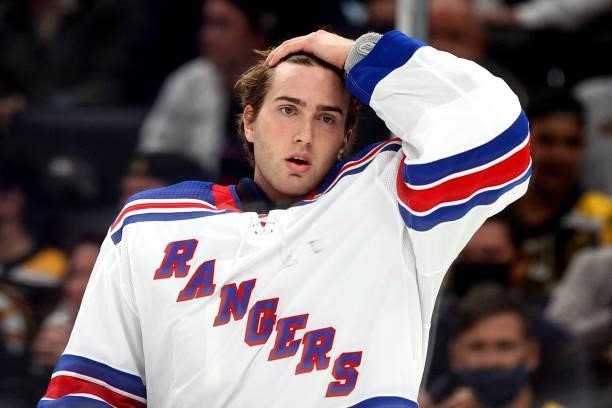 Tyler Wall of the New York Rangers looks on during the third period of the preseason game against the Boston Bruins at TD Garden on October 02, 2021...