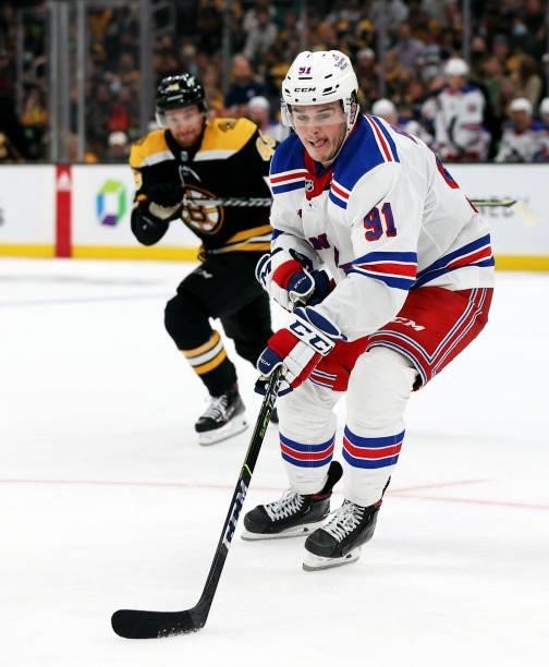 Sammy Blais of the New York Rangers skates against the Boston Bruins during the third period of the preseason game at TD Garden on October 02, 2021...
