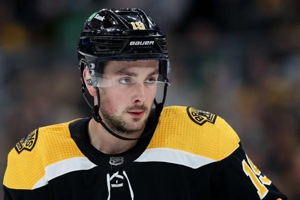 Zach Senyshyn of the Boston Bruins looks on during the third period of the preseason game against the New York Rangers at TD Garden on October 02,...