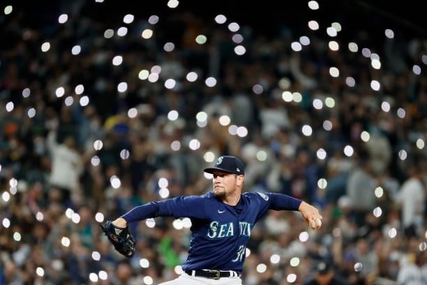 Anthony Misiewicz of the Seattle Mariners pitches during the seventh inning against the Los Angeles Angels at T-Mobile Park on October 02, 2021 in...