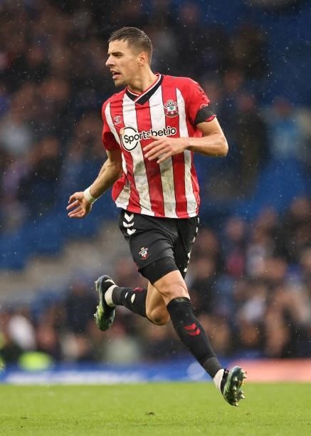 Jan Bednarek of Southampton during the Premier League match between Chelsea and Southampton at Stamford Bridge on October 02, 2021 in London, England.