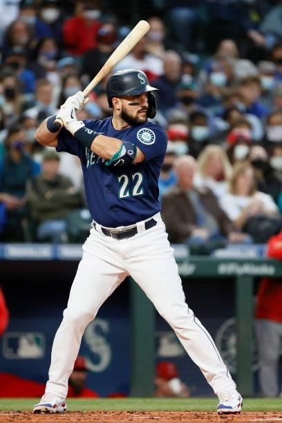 Luis Torrens of the Seattle Mariners at bat against the Los Angeles Angels at T-Mobile Park on October 02, 2021 in Seattle, Washington.