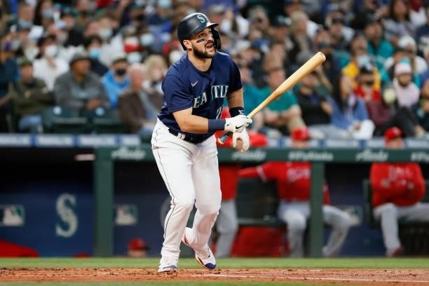 Luis Torrens of the Seattle Mariners at bat against the Los Angeles Angels at T-Mobile Park on October 02, 2021 in Seattle, Washington.