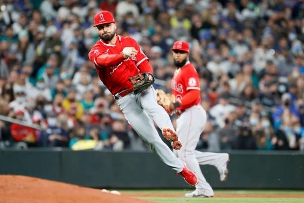 Jack Mayfield of the Los Angeles Angels makes a play against the Seattle Mariners at T-Mobile Park on October 02, 2021 in Seattle, Washington.
