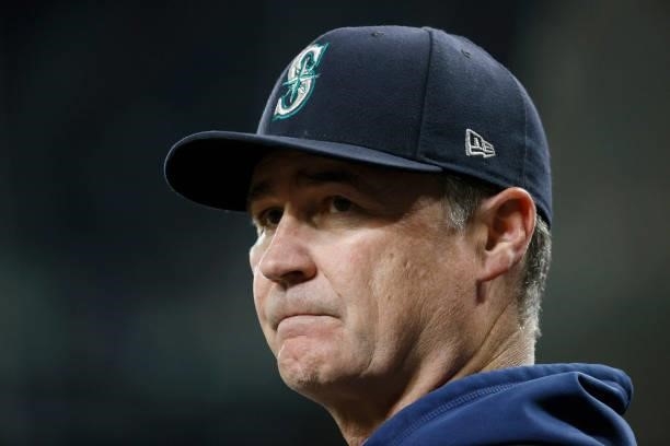 Manager Scott Servais of the Seattle Mariners looks on during the game against the Los Angeles Angels at T-Mobile Park on October 02, 2021 in...