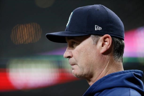 Manager Scott Servais of the Seattle Mariners looks on during the game against the Los Angeles Angels at T-Mobile Park on October 02, 2021 in...
