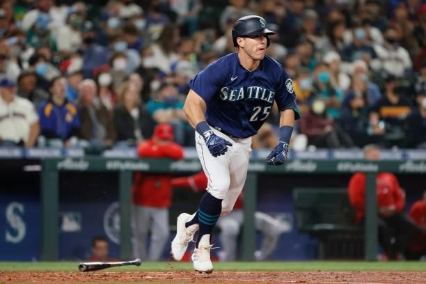 Dylan Moore of the Seattle Mariners in action against the Los Angeles Angels at T-Mobile Park on October 02, 2021 in Seattle, Washington.