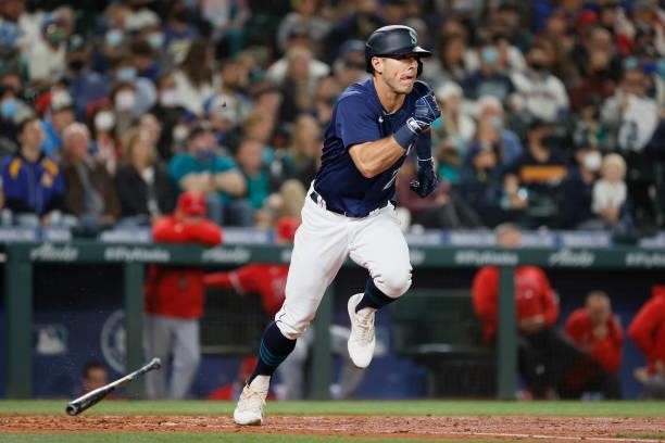 Dylan Moore of the Seattle Mariners in action against the Los Angeles Angels at T-Mobile Park on October 02, 2021 in Seattle, Washington.
