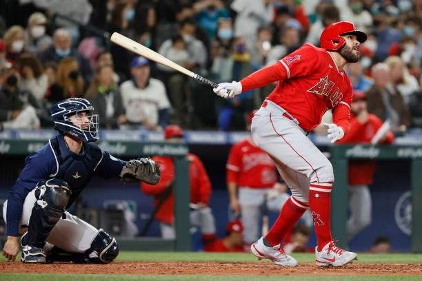 Jose Rojas of the Los Angeles Angels watches his home run during the fifth inning against the Seattle Mariners at T-Mobile Park on October 02, 2021...