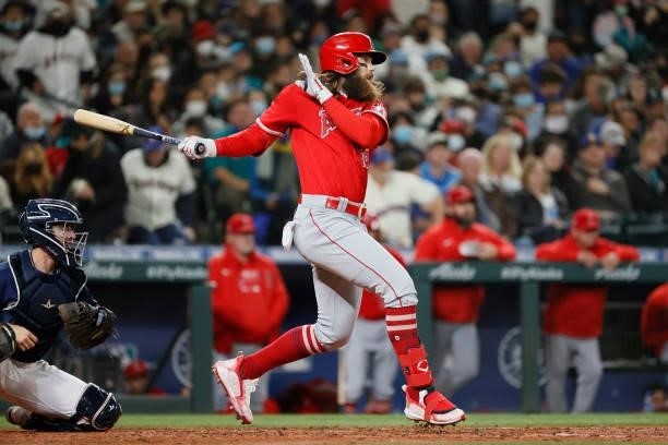 Brandon Marsh of the Los Angeles Angels at bat against the Seattle Mariners at T-Mobile Park on October 02, 2021 in Seattle, Washington.