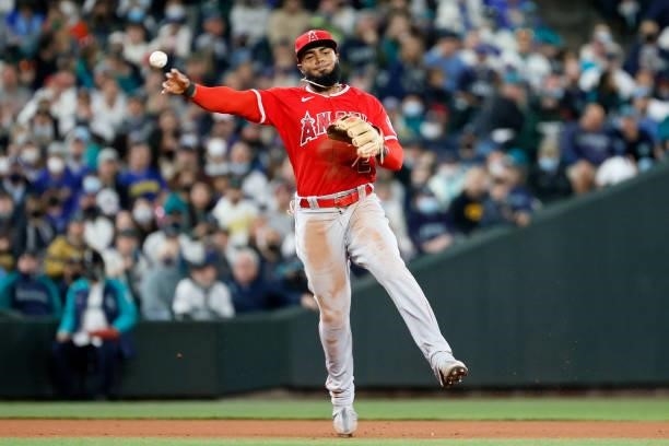 Luis Rengifo of the Los Angeles Angels makes a play against the Seattle Mariners at T-Mobile Park on October 02, 2021 in Seattle, Washington.
