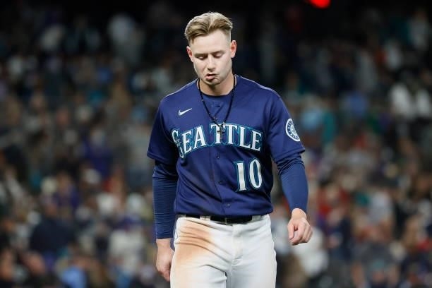 Jarred Kelenic of the Seattle Mariners reacts during the game against the Los Angeles Angels at T-Mobile Park on October 02, 2021 in Seattle,...