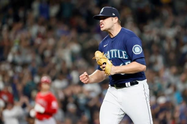 Casey Sadler of the Seattle Mariners reacts during the sixth inning against the Los Angeles Angels at T-Mobile Park on October 02, 2021 in Seattle,...