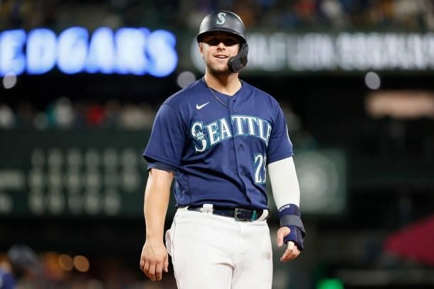 Ty France of the Seattle Mariners looks on during the game against the Los Angeles Angels at T-Mobile Park on October 02, 2021 in Seattle, Washington.