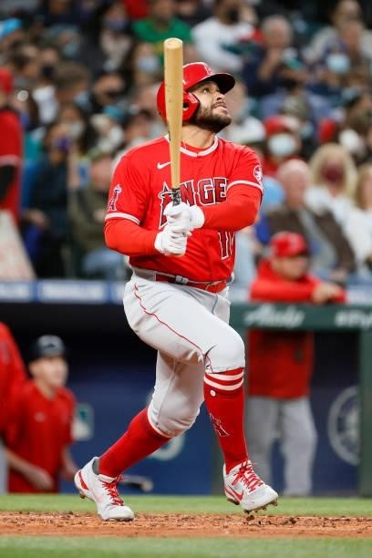 Jose Rojas of the Los Angeles Angels at bat against the Seattle Mariners at T-Mobile Park on October 02, 2021 in Seattle, Washington.