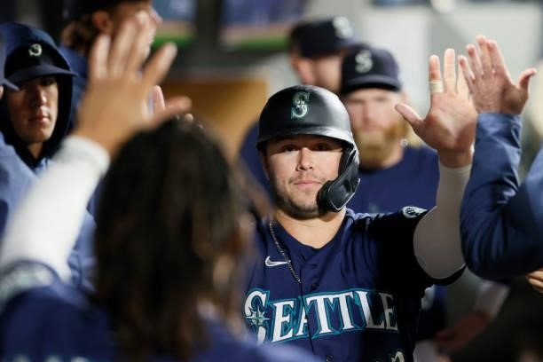 Ty France of the Seattle Mariners reacts after scoring a run during the eighth inning against the Los Angeles Angels at T-Mobile Park on October 02,...