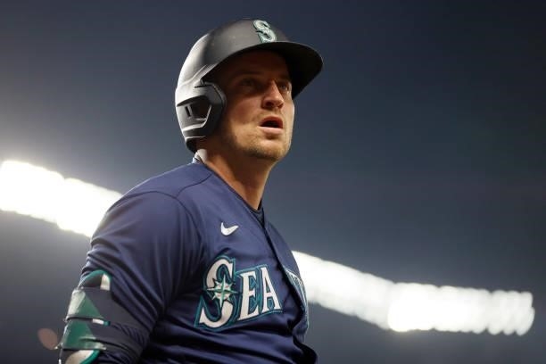 Kyle Seager of the Seattle Mariners while on deck against the Los Angeles Angels at T-Mobile Park on October 02, 2021 in Seattle, Washington.
