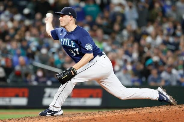 Paul Sewald of the Seattle Mariners pitches against the Los Angeles Angels at T-Mobile Park on October 02, 2021 in Seattle, Washington.