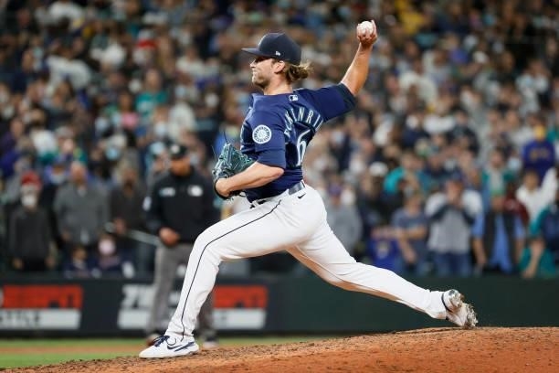 Drew Steckenrider of the Seattle Mariners pitches during the ninth inning against the Los Angeles Angels at T-Mobile Park on October 02, 2021 in...